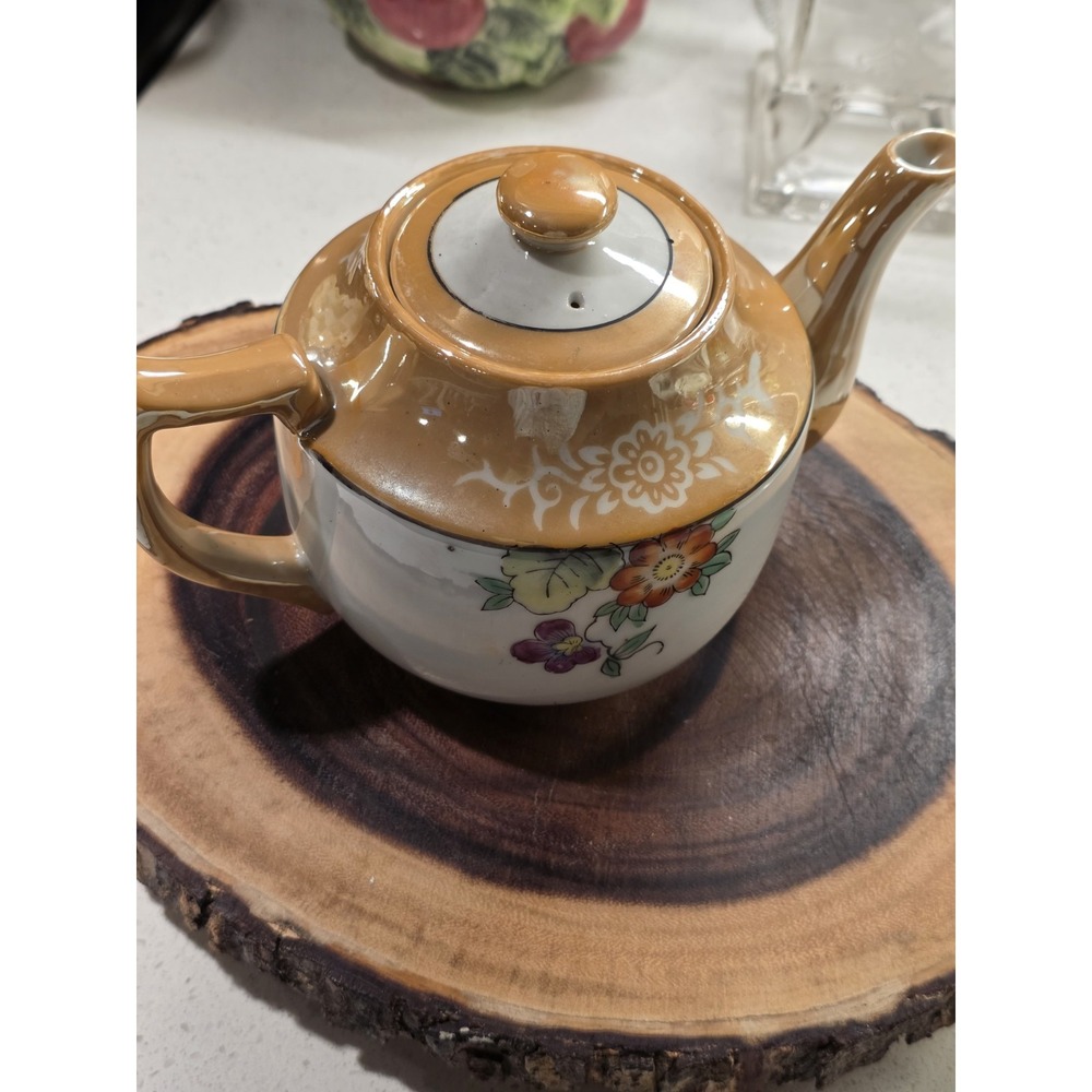 Vintage Japan Brown Floral Handpainted Lusterware Tea Pot With Lid - Picture 13 of 16